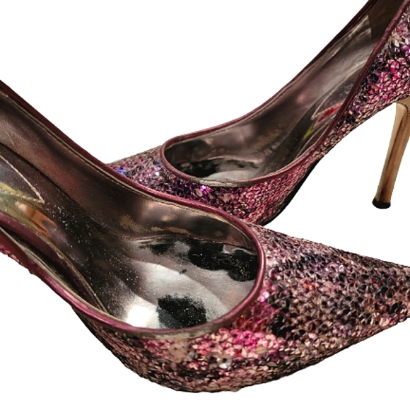2/$18 Guess d'Orsay Purple Snakeskin Sequined Pointed Toe Heels Stilettos 6 M - Picture 6 of 15
